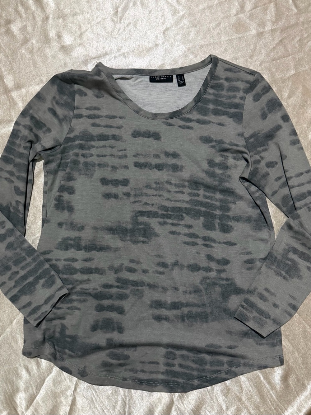 Susan Graver Gray Tie-Dye Long Sleeve Scoop Neck Top